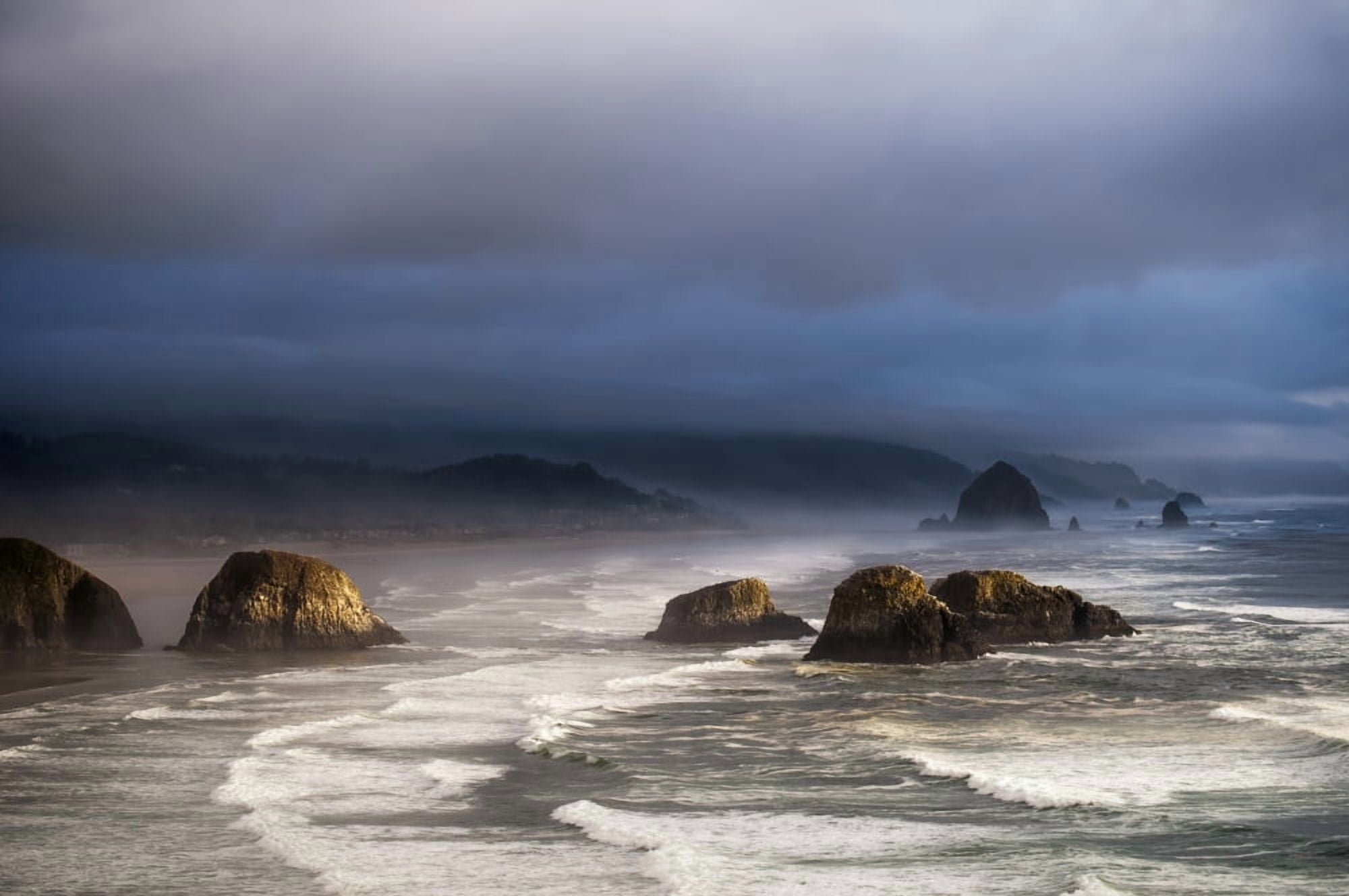 Sunlight and mist create coastal moods Cannon Beach Oregon United States of America Canvas Art - Robert L Potts Design Pics (38 x 24)