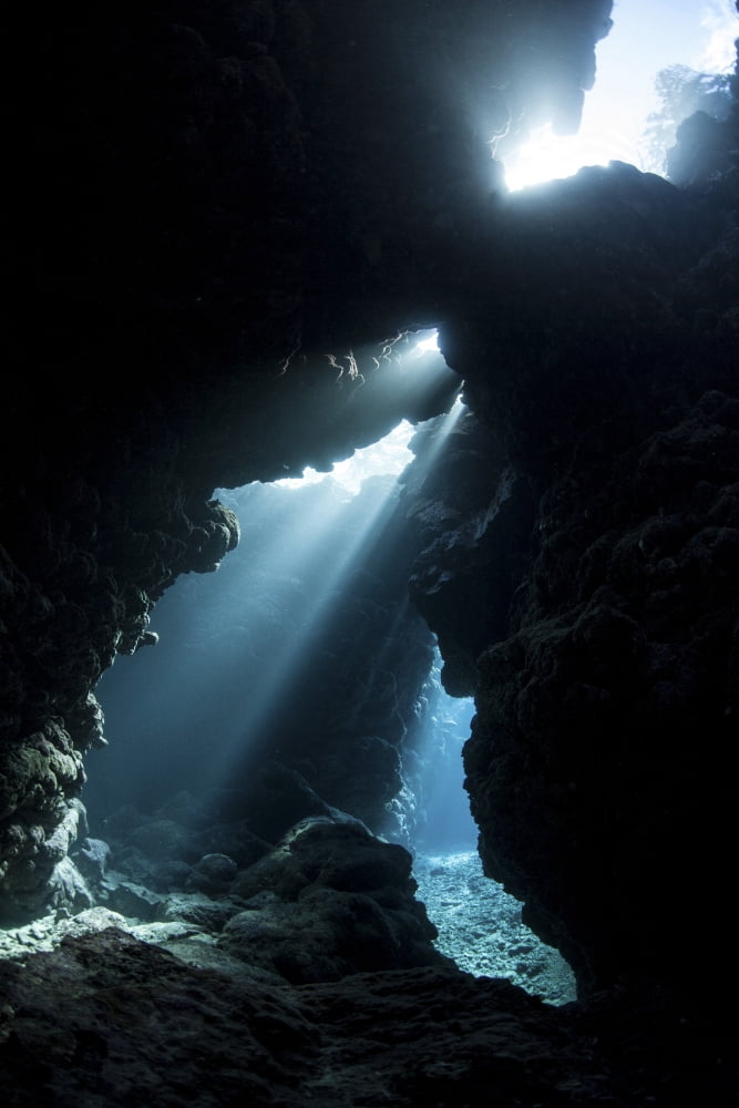 Sunlight descends underwater and into a crevice in a reef in the Solomon Islands Canvas Art - Ethan DanielsStocktrek Images (23 x 34)