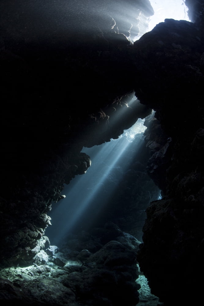 Sunlight descends underwater and into a crevice in a reef in the Solomon Islands Canvas Art - Ethan DanielsStocktrek Images (23 x 34)