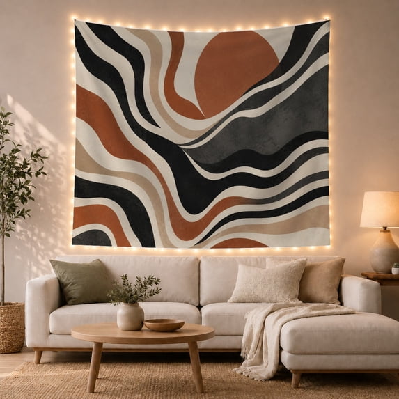 Sunlike Shapes Among Flowing Earth Tone Bands, Nostalgic Mid-Century Modern for Art Lovers, Earth Tone Wall Art, Housewarming Gift, Tapestry Wall Hanging for Studio and Den