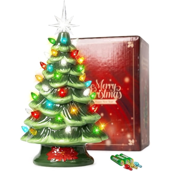 13" Cordless Lighted Ceramic Christmas Tree, Vintage Tabletop Christmas Decoration with Colorful Mini Bulbs, Battery Operated LED, Green