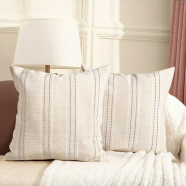 Sunlit 18" x 18" Beige with White & Gray Striped Linen Decorative Pillow Covers (2 Count)