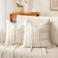 thumbnail image 1 of Sunlit 18x18 Decorative Farmhouse Linen Throw Pillow Covers, Boho Textured Pillow Case, Set of 2, Beige with White & Gray Stripe Patchwork Cushion Cover for Sofa Couch Living Room (Cover ONLY), 1 of 7