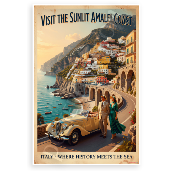 Sunlit Amalfi Coast Vintage Travel Poster 12x18 US Made Poster