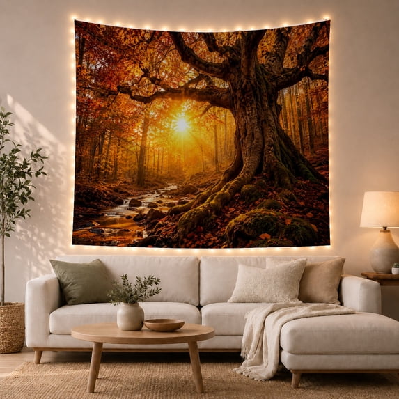 Sunlit Ancient Tree in Autumn Forest Stream, Serene Digital Art for Nature Lovers, Scenic Forest Art, Thanksgiving Gift, Tapestry Wall Hanging for Living Room and Bedroom