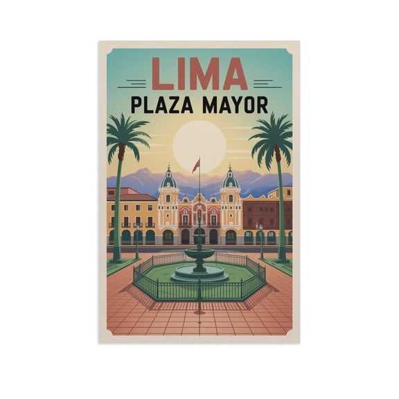 Sunlit Architecture Wall Art Plaza Mayor Peru Retro Travel Poster Lima Colonial Heritage Square Print Poster