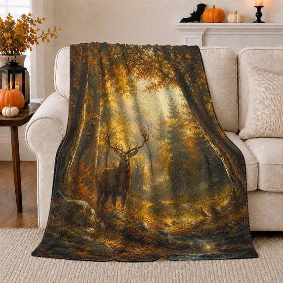 Sunlit Autumn Forest Deer Antlers Art, Peaceful Woodland Scene, Warm Flannel Blanket for Cabin and Lodge with Detailed Artwork, Wildlife Lovers Thanksgiving Gift, Rustic Home Decor