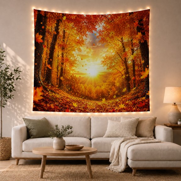 Sunlit Autumn Forest Path With Golden Leaves, Cozy Rustic Style for Nature Lovers, Nature Inspired Decor, Housewarming Gift, Tapestry Wall Hanging for Bedroom and Cabin