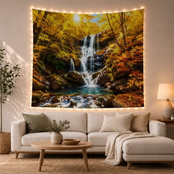 Sunlit Autumn Waterfall with Blue Forest Pool, Serene Rustic Style for Nature Lovers, Woodland Wall Art, Housewarming Gift, Tapestry Wall Hanging for Bedroom and Living Room