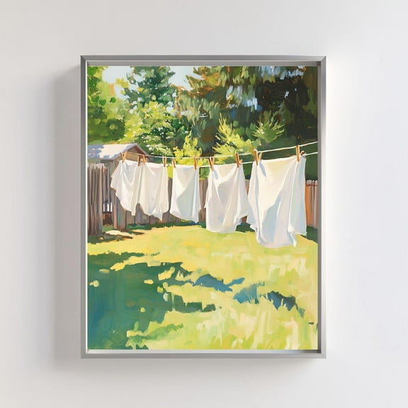 Sunlit Backyard Clothesline Wall Art, Vibrant Summer Laundry Scene Print, Rustic Country Outdoor Artwork For Home Decor Wall Art, Modern Wall Decor, 8x12 UNFRAMED
