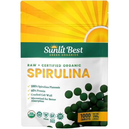Sunlit Best - USDA Organic Spirulina Tablet - Natural Super Greens Supplements for Immune Support, Gut Health & Energy Drink Tablets with Chlorophyll, Vegan & High Protein Non GMO, 1000 Superfood Tab
