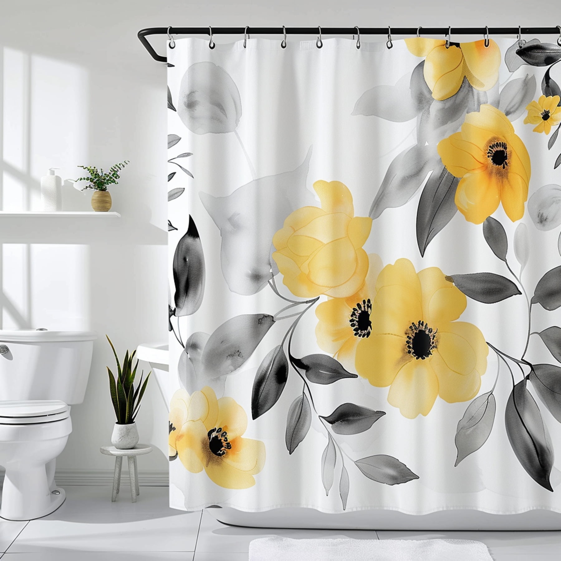 Sunlit Blooms Yellow Gray Floral Shower Curtain with Elegant Leaves