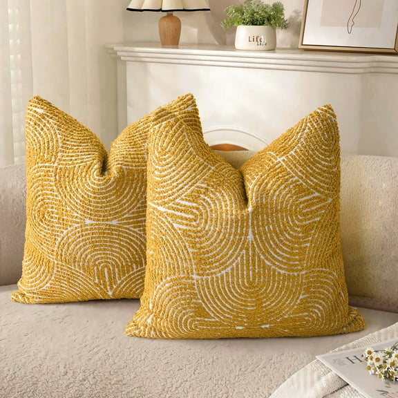 Sunlit Boho Decorative Textured Throw Pillow Covers 18x18, Organic Modern Mid Century Rainbow Tufted Pillow Case, Farmhouse Rustic Geometric Woven Cushion Case for Bed Couch Sofa, Mustard Yellow