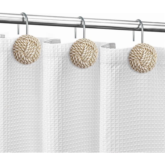 Sunlit Boho Knot Shower Curtain Hooks, Nautical Rope Style Curtain Rings, Coastal Bathroom Decor Accessories, Set of 12