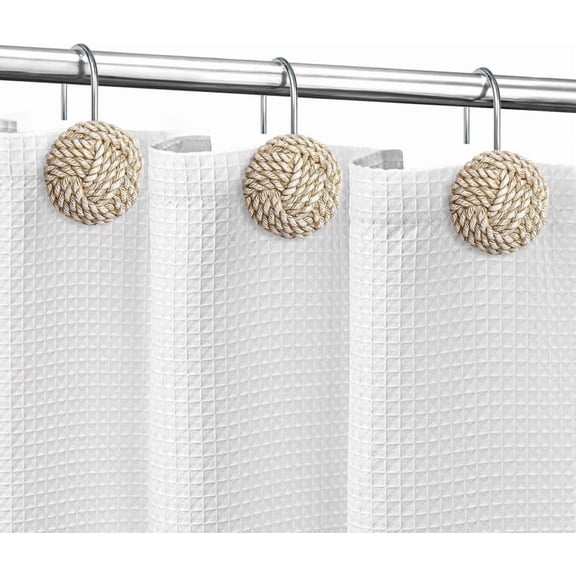 Boho Knot Shower Curtain Hooks, Nautical Rope Style Curtain Rings, Coastal Bathroom Decor Accessories, Set of 12