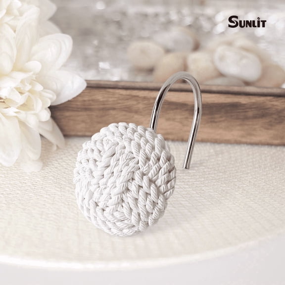 Boho Knot Shower Curtain Hooks, White Nautical Rope Style Curtain Rings, Coastal Bathroom Decor, Set of 12