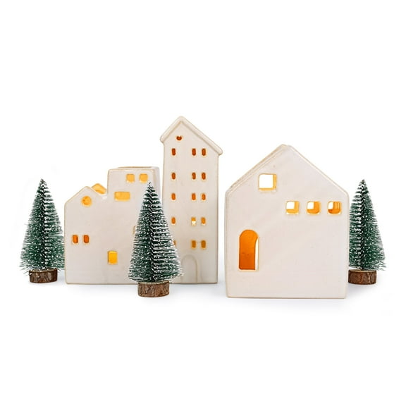 Sunlit Ceramic Christmas Village Sets of 3 Houses with 3 Tea Lights & 3 Frosted Trees, Christmas Decorations Indoor, Xmas Holiday Farmhouse Vintage Rustic Decor for Tabletop Mantle, Beige