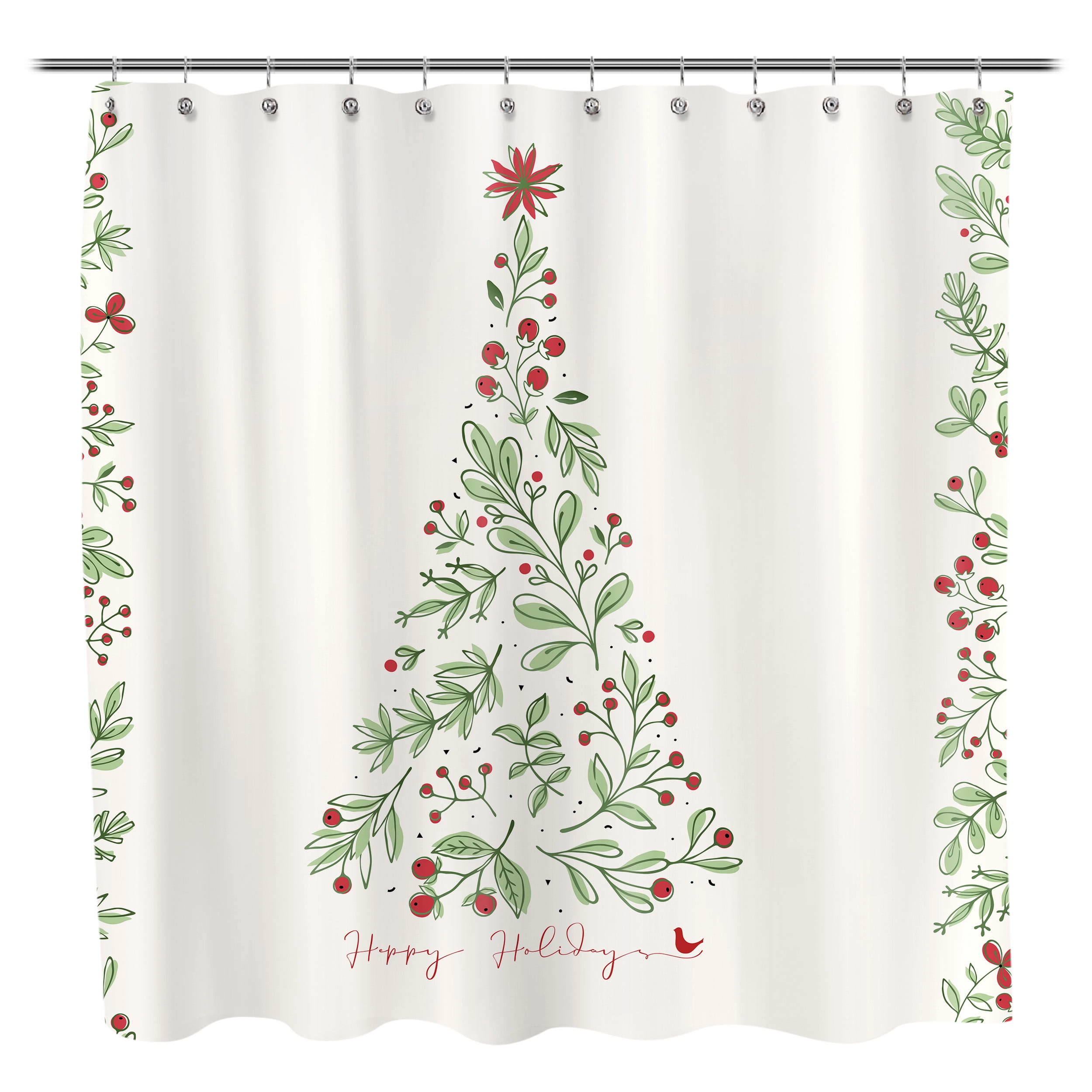 Sunlit Christmas Shower Curtain, Green Xmas Pine Tree with Red Star