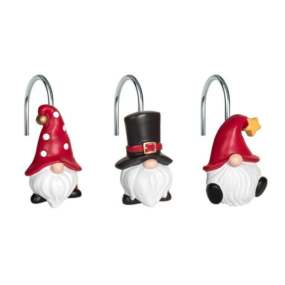 Sunlit Christmas Shower Curtain Hooks, Gnome Shower Curtain Rings, Hand Painted Resin Christmas Decor, Winter Bathroom Decoration, Black Red, Set of 12