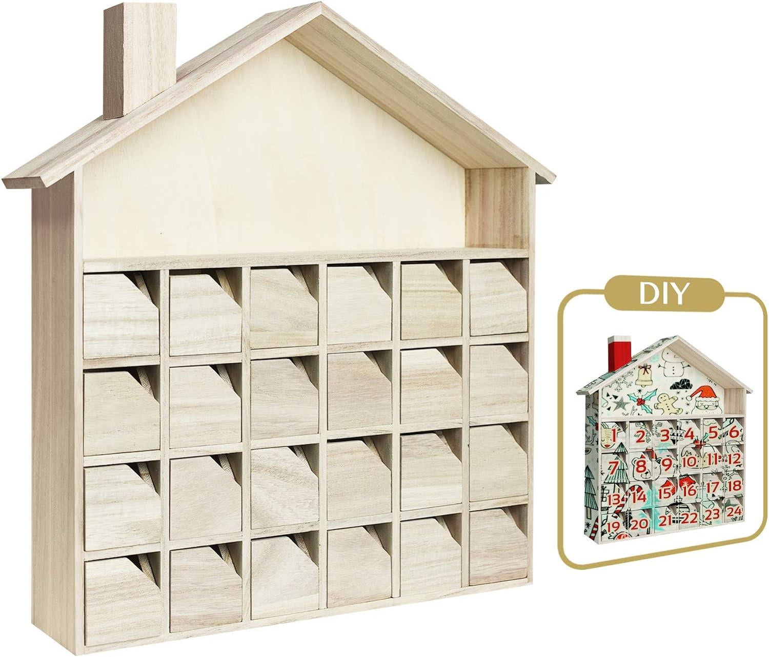 Sunlit Christmas Wooden Advent Calendar with Drawers, Unfinished Wooden, House Shaped Countdown