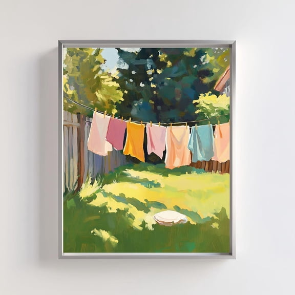 Sunlit Clothesline Art Vintage Cottagecore Backyard Decor Unframed Paper Print
