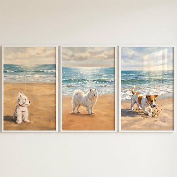 Sunlit Coastal Beach Dogs Wall Art, Seaside Pet Decor, Westie Samoyed Terrier Prints, Ocean Shore Animal Art, Dog Lover Gift, Stretched Canvas