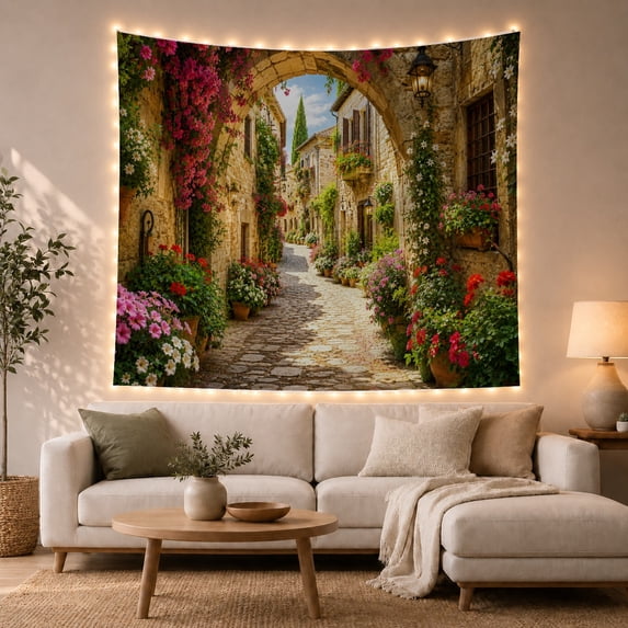 Sunlit Cobblestone Alley with Bougainvillea, Romantic Boho for Art Lovers, Mediterranean Village Art Decor, Housewarming Gift, Tapestry Wall Hanging for Living Room and Bedroom
