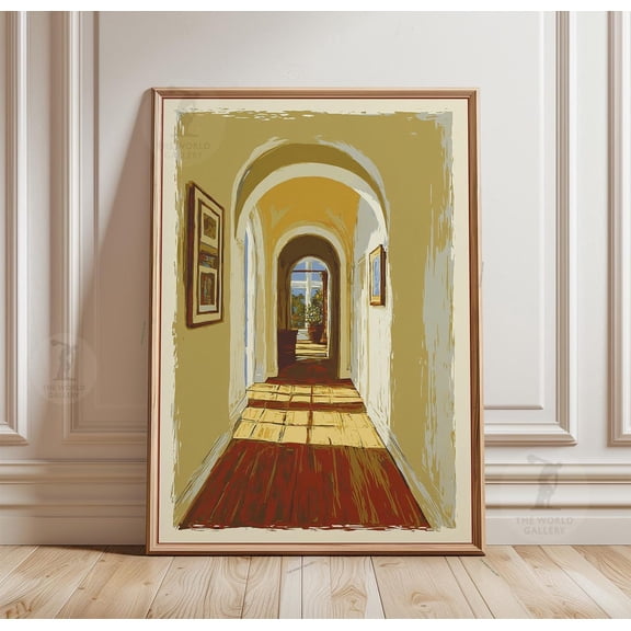 Sunlit Corridor Architectural Interior Warm Light Perspective Illustration Poster, Elegant Decorative Theme For Home And Living Room Decor