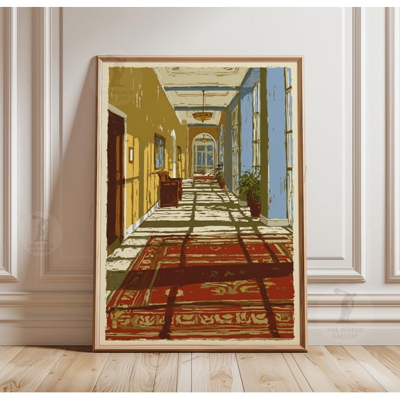 Sunlit Corridor Poster Architectural Interior Wall Art Print Warm Light Perspective Illust