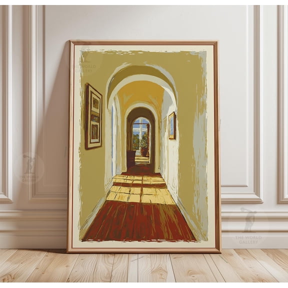 Sunlit Corridor Poster, Architectural Interior Wall Art Print, Warm Light Perspective, Poster Only