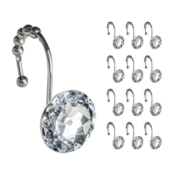 Sunlit Crystal Shower Curtain Hooks - Round Diamond Bling, Rhinestones, 12 Pack, Glam Bath Decor.