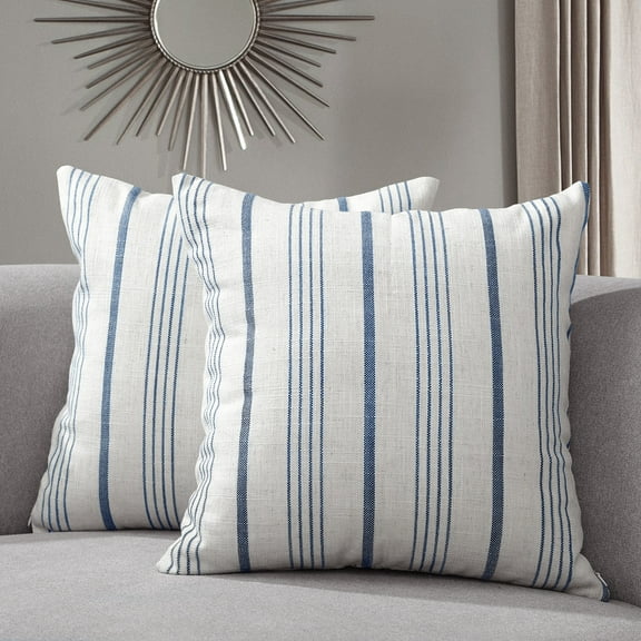 Sunlit Decorative Farmhouse Throw Pillow Case, Set of 2 Cream/Off-White with Blue Stripes Modern Accent Square Pillow Cover, 18" x 18", Textured Linen Throw Pillow Case for Sofa Couch Chair Bedroom