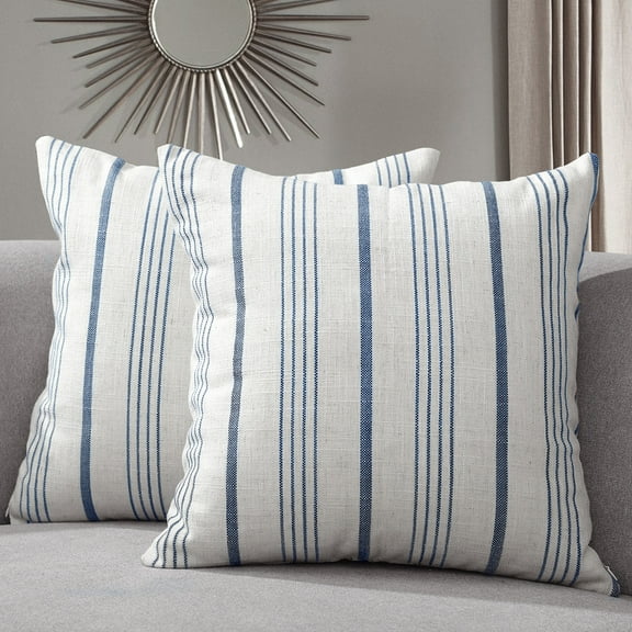 Sunlit Decorative Farmhouse Throw Pillow Case, Set of 2 Cream/Off-White with Blue Stripes Modern Accent Square Pillow Cover, 20" x 20", Textured Linen Throw Pillow Case for Sofa Couch Chair Bedroom