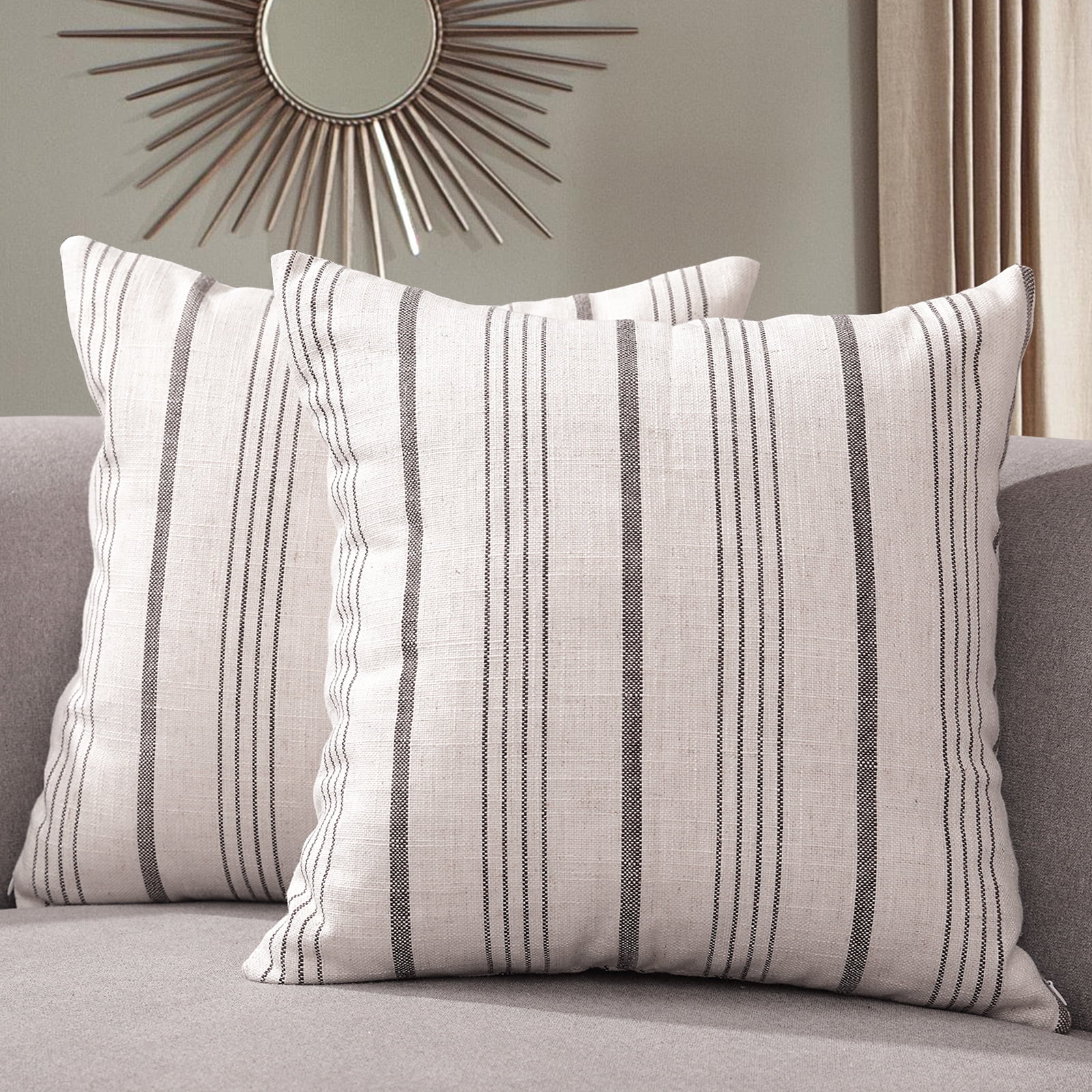 Modern Cream and Charcoal Striped Polyester Pillow Covers, 20" x 20", Set of 2