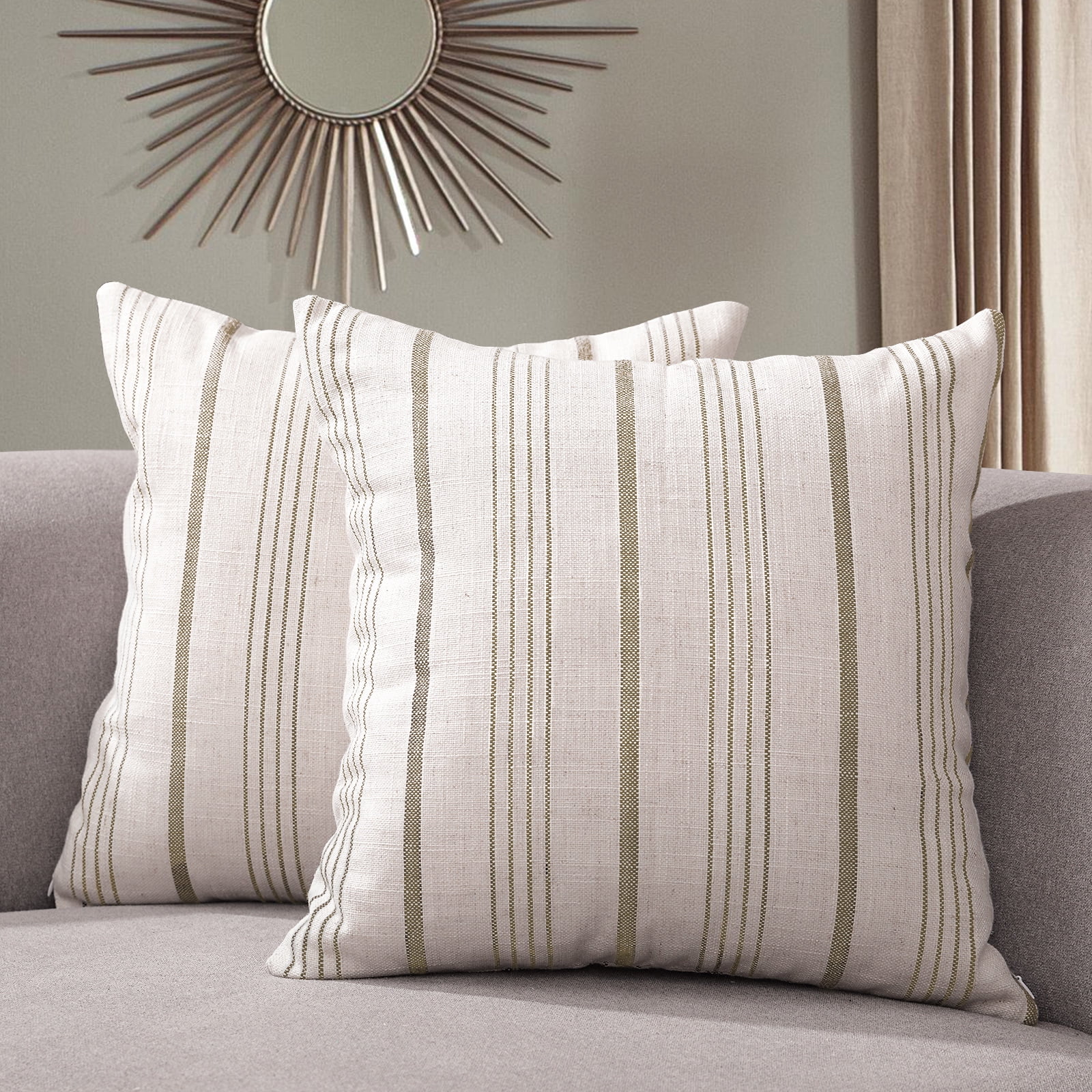 Set of 2 Light Brown Striped Polyester Euro Throw Pillows