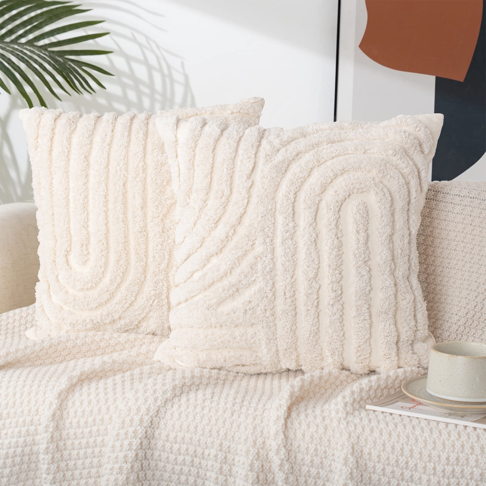 Creamy White Cotton Tufted 18x18 Modern Throw Pillow Set