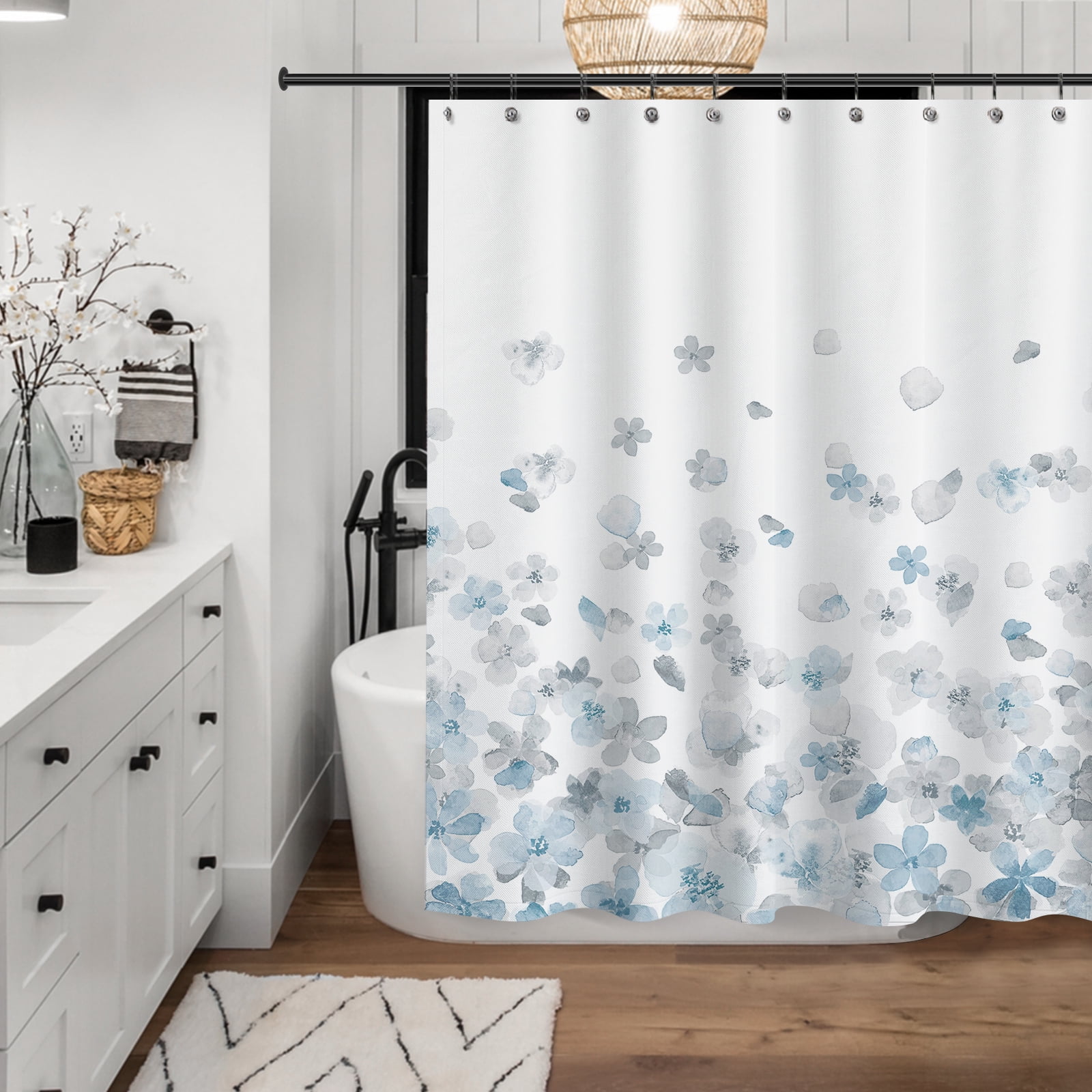 Sunlit Design Simple Style Blue and Gray Flower Blossoms Fabric Shower Curtains for Bathroom ...