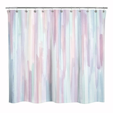Sunlit Design Watercolor Painting with Macaron Pink and Blue Fabric Shower Curtain, Gouache Style Bathroom Decoration Curtains, Machine Washable
