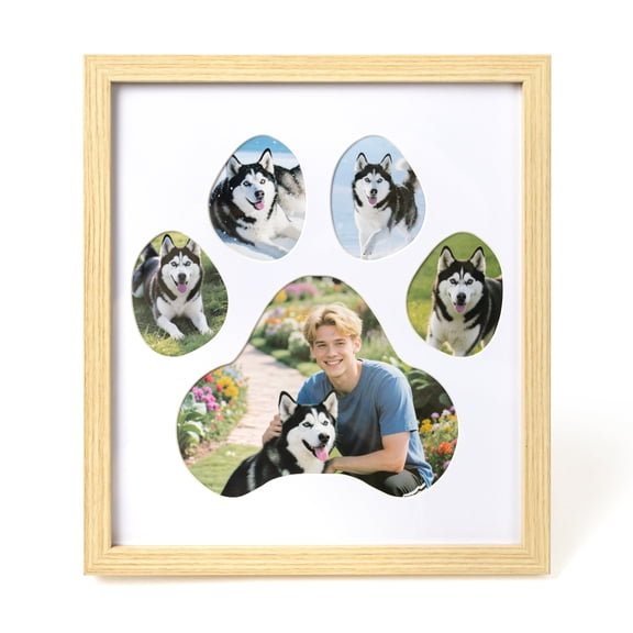 Sunlit Dog Paw Print Photo Collage Frame, Holds 5 Pictures of Pets & Owners, Ideal Gift for Dog Lovers Moms & Dads, Natural Finish Pet Memorial Keepsake and Wall Décor, 10.24" x 11.4"