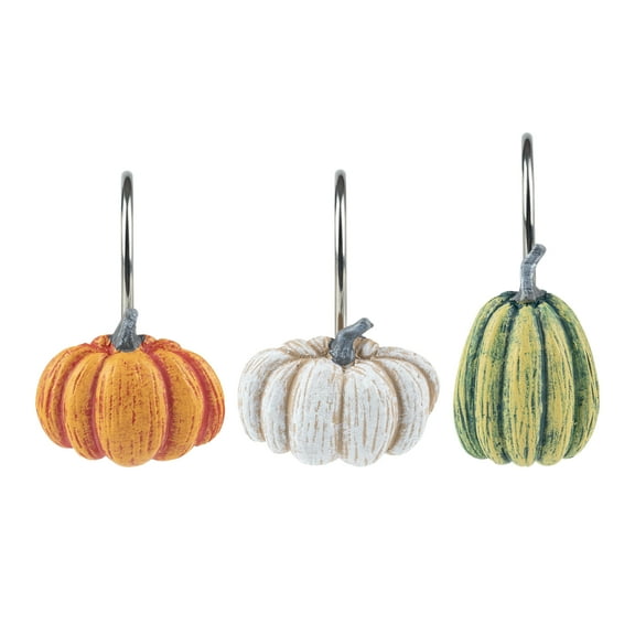 Sunlit Fall Pumpkin Decorative Shower Curtain Hooks, Autumn Harvest Festival Shower Curtain Rings, Resin, Sage Green Khaki Orange Farmhouse Bathroom Curtain Hangers Decoration, Set of 12