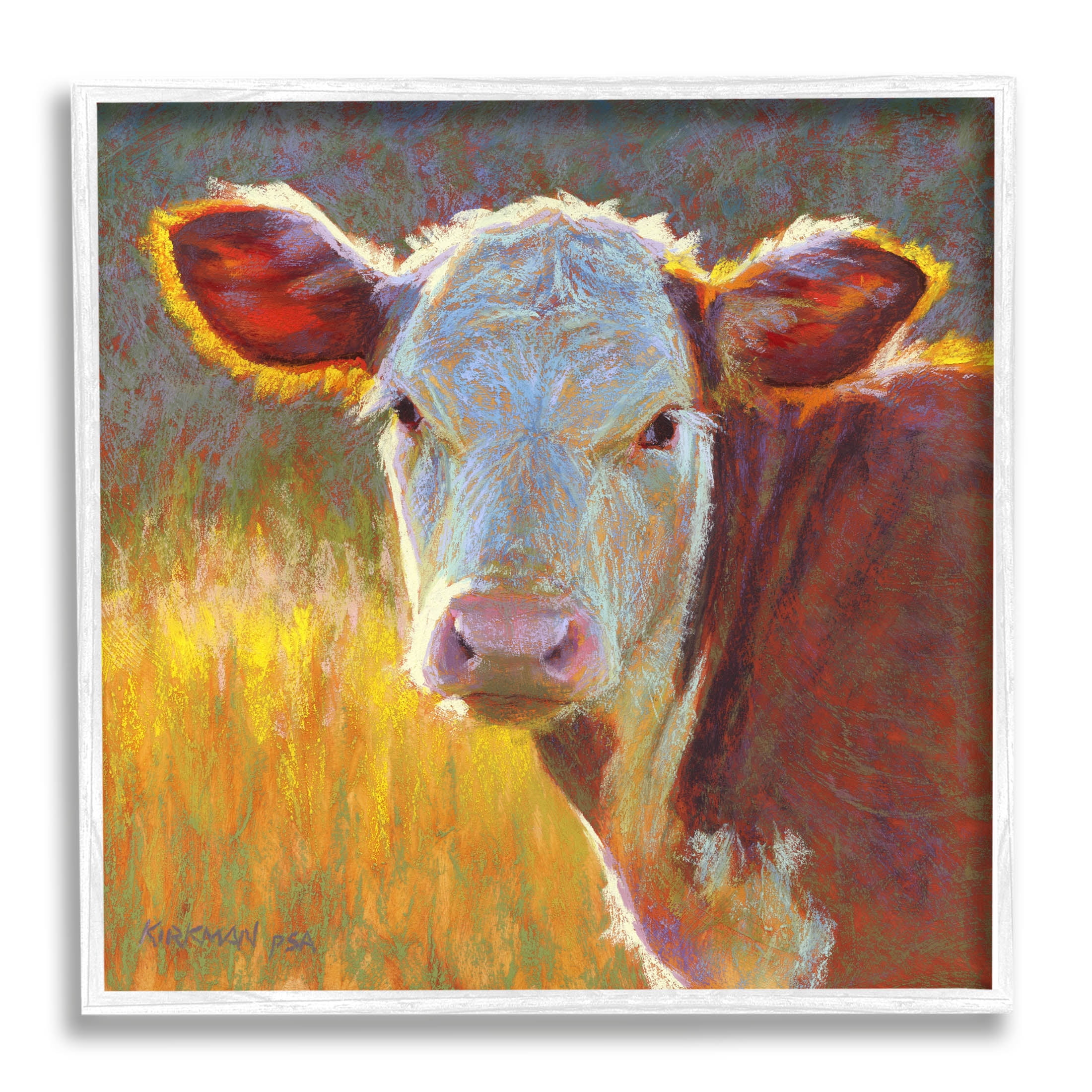Sunlit Farm Animal Cattle Print on Canvas with White Frame