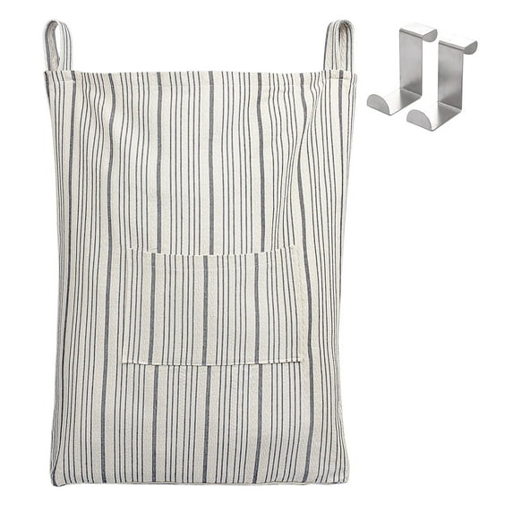 Sunlit Farmhouse Hanging Laundry Hamper with 2 Hooks, Washable Beige & Stripes Linen Laundry Bag with Zipper & Wide Open Top, Over the Door Organizer for Dirty Clothes, Space Saving Storage