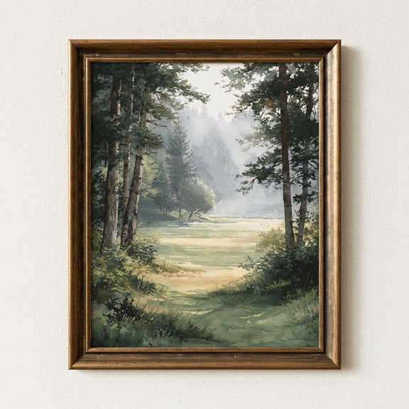 Sunlit Forest Edge Wall Art Print With Soft Clearing And Peaceful Woodland Decor