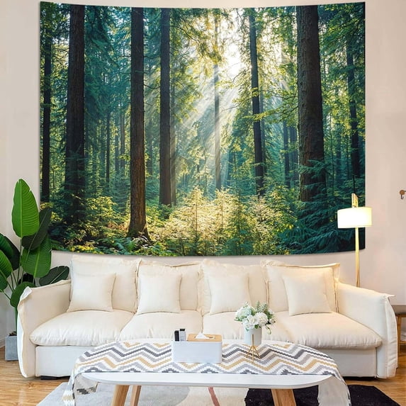 Sunlit Forest Landscape Tapestry, Tranquil Nature Wall Hanging for Room Decor, Peaceful Greenery Home Decor 40''L x 30''W