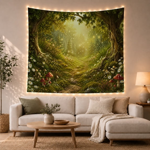 Sunlit Forest Path Beneath Ancient Trees, Whimsical Fantasy for Nature Lovers, Enchanted Woodland Decor, Housewarming Gift, Tapestry Wall Hanging for Bedroom and Living Room