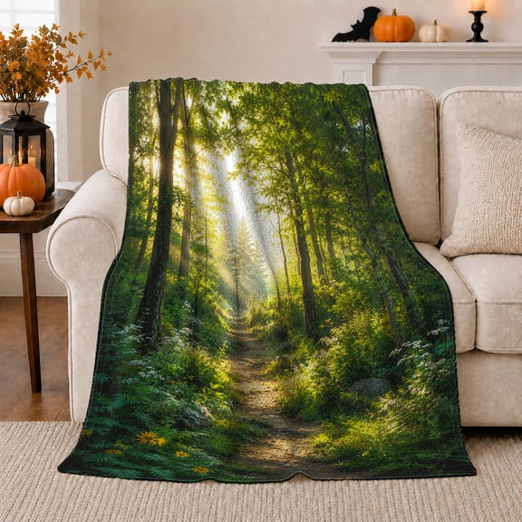 Sunlit Forest Path with Green Trees, Serene Nature Style for Forest Lovers, Woodland Trail Scene and Housewarming Gift, Soft Flannel Blanket for Cabin and Reading Nook, Rustic Home Decor
