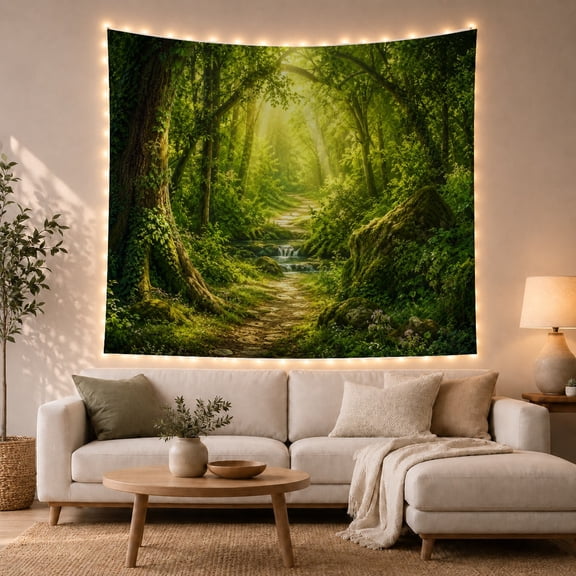 Sunlit Forest Path with Moss-Covered Trees, Mystical Digital Art for Nature Lovers, Scenic Wall Art Decor, Housewarming Gift Tapestry Wall Hanging for Living Room and Bedroom