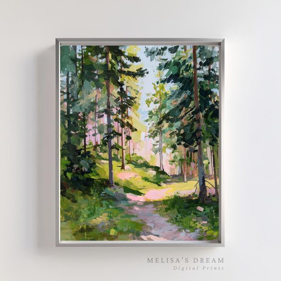 Sunlit Forest Path Print Impressionist Pine Tree Landscape, Unframed Canvas 12x16in