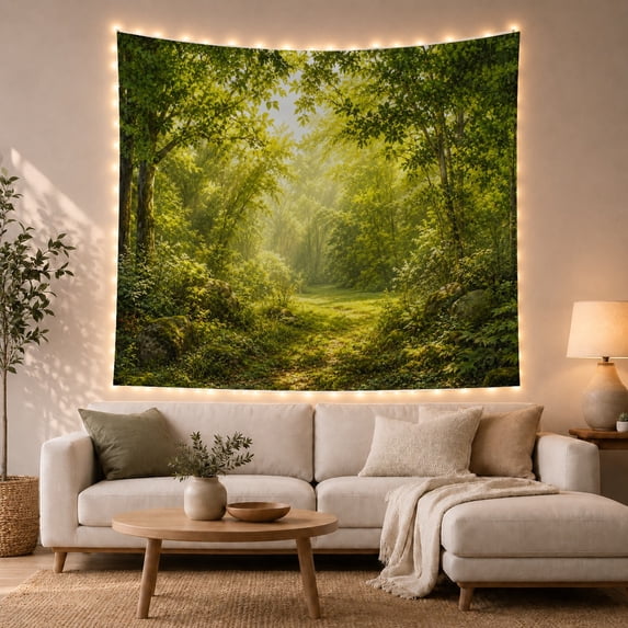 Sunlit Forest Path in a Verdant Woodland, Serene Rustic for Nature Lovers, Realistic Wall Art Decor, Housewarming Gift Tapestry Wall Hanging for Bedroom and Living Room