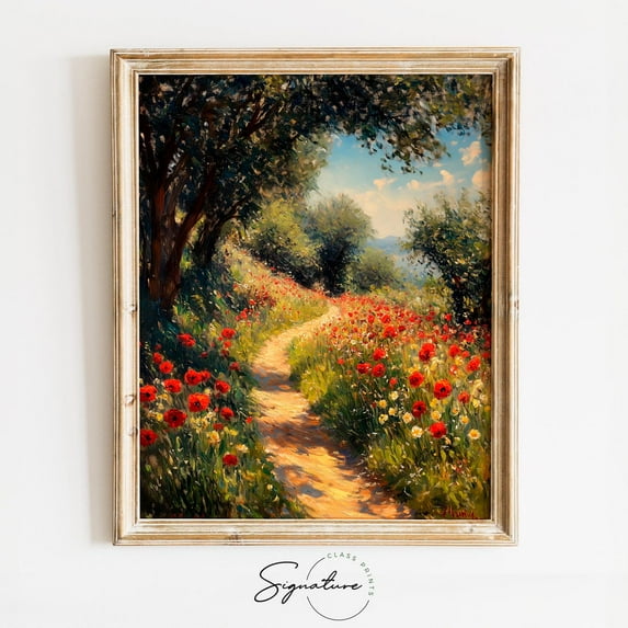 Sunlit Forest Path With Red Wildflowers, Impressionist Nature, Warm Earthy Wall Art, Cottagecore Spring Poster, Work 3681 Home Decor, 16x24 UNFRAMED